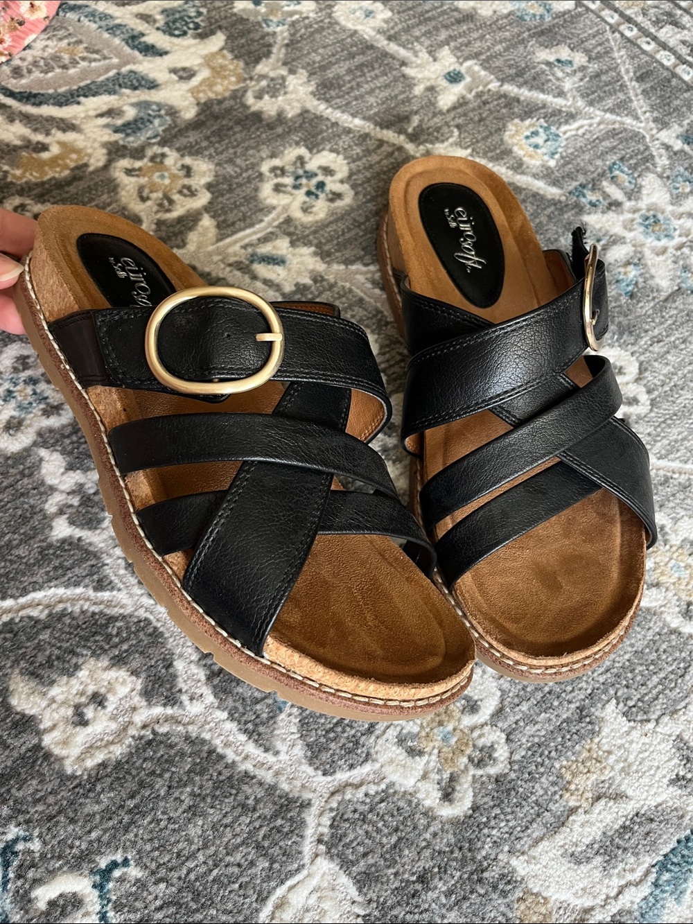 Eurosoft Black Crisscross Slide Cork Sandal with Adjustable Gold Buckle Size 10